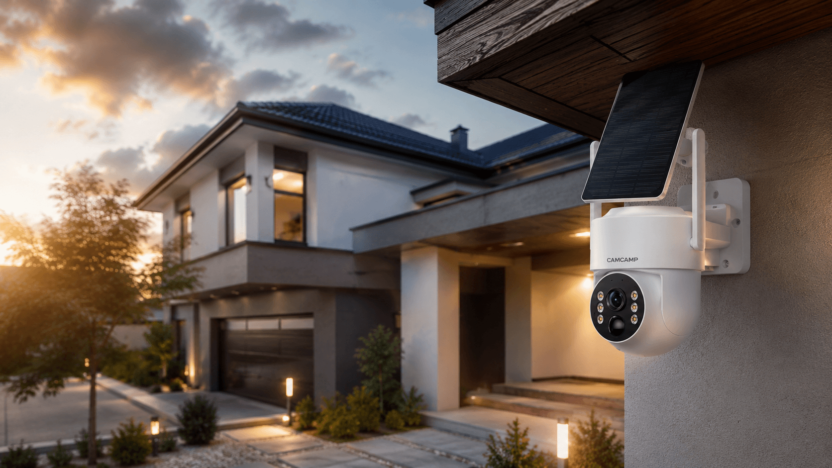Outdoor security camera installed on modern home exterior providing smart surveillance protection