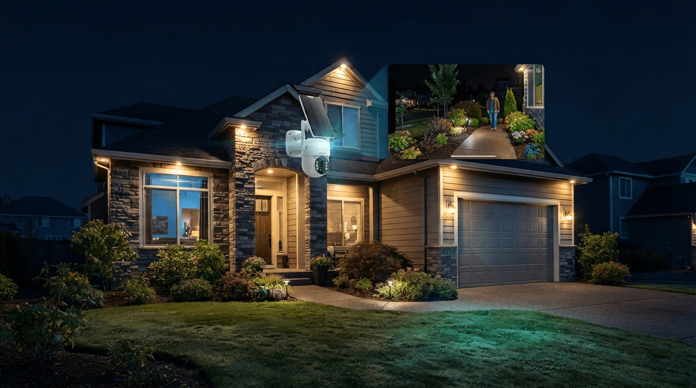 Color night vision and infrared night vision security cameras protecting a suburban home at night