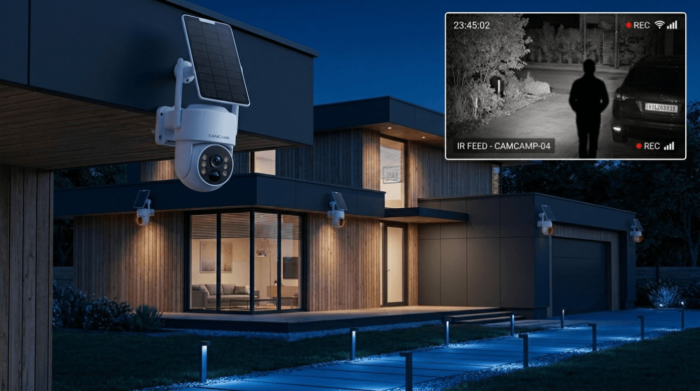 Camcamp night vision security camera monitoring a home at night
