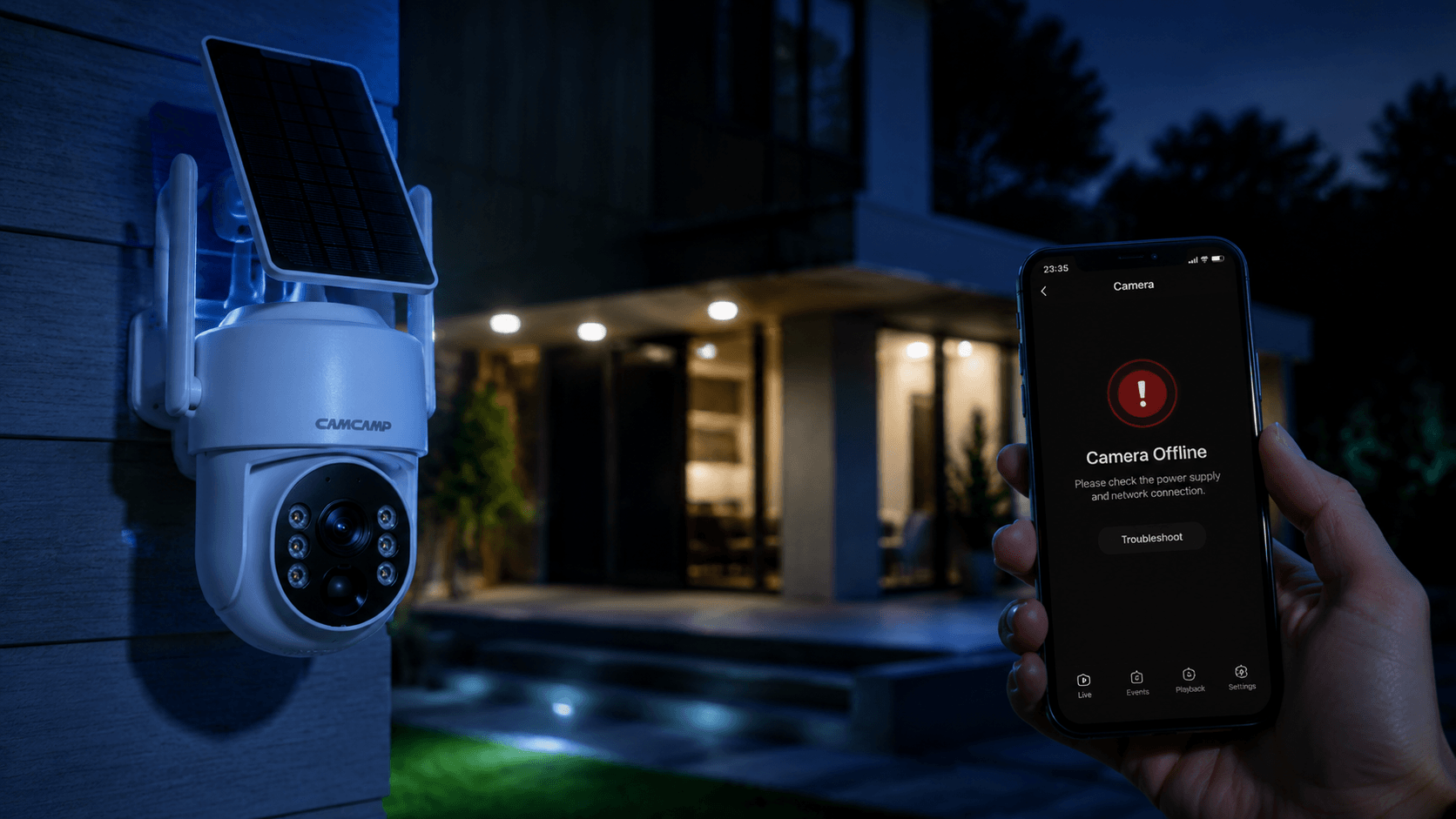 Wireless outdoor security camera showing offline connection warning on smartphone app