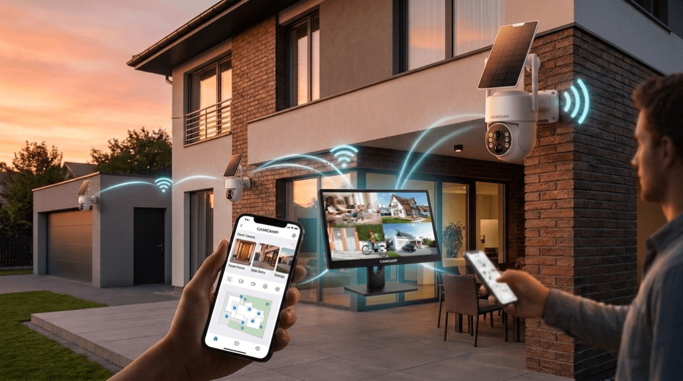 Wireless security camera system installed on a modern home exterior showing smart surveillance concept