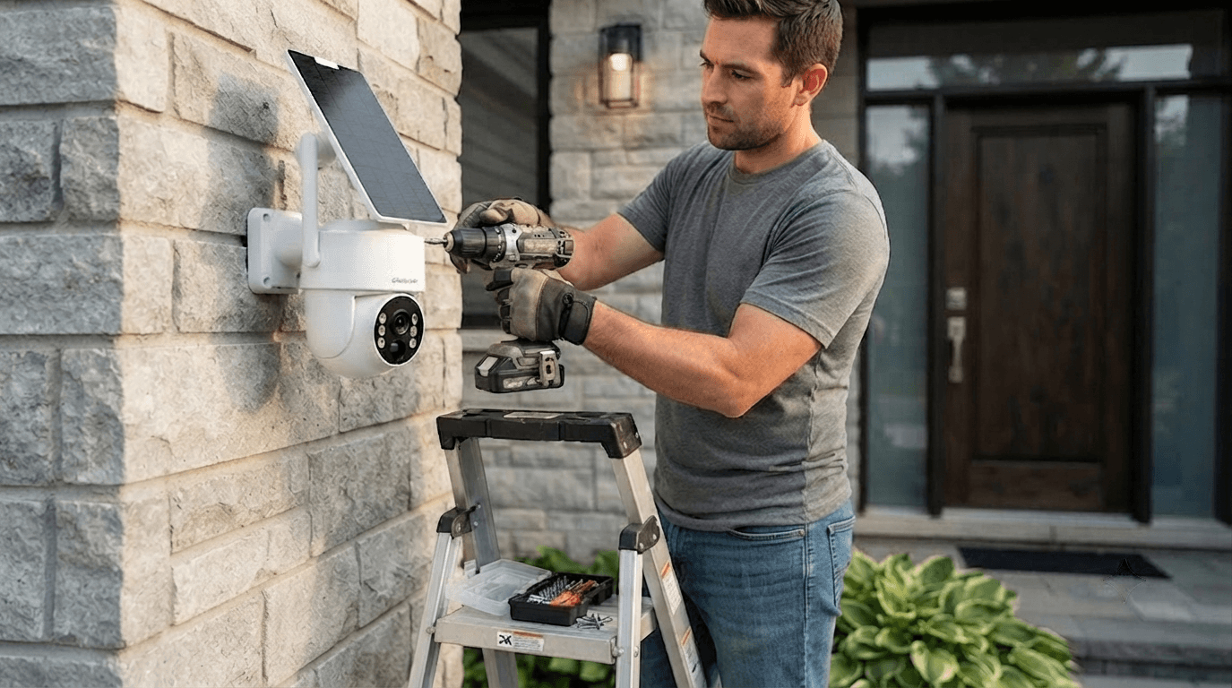 Homeowner installing an outdoor security camera on the exterior wall of a modern house