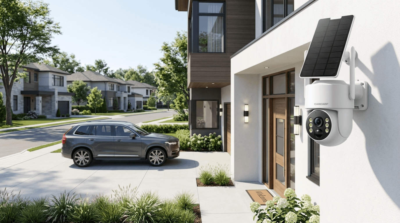 modern outdoor security camera installed on house exterior monitoring driveway