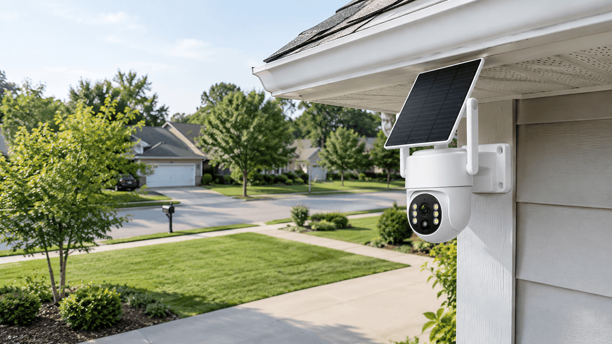 Outdoor security camera monitoring a residential driveway and front yard