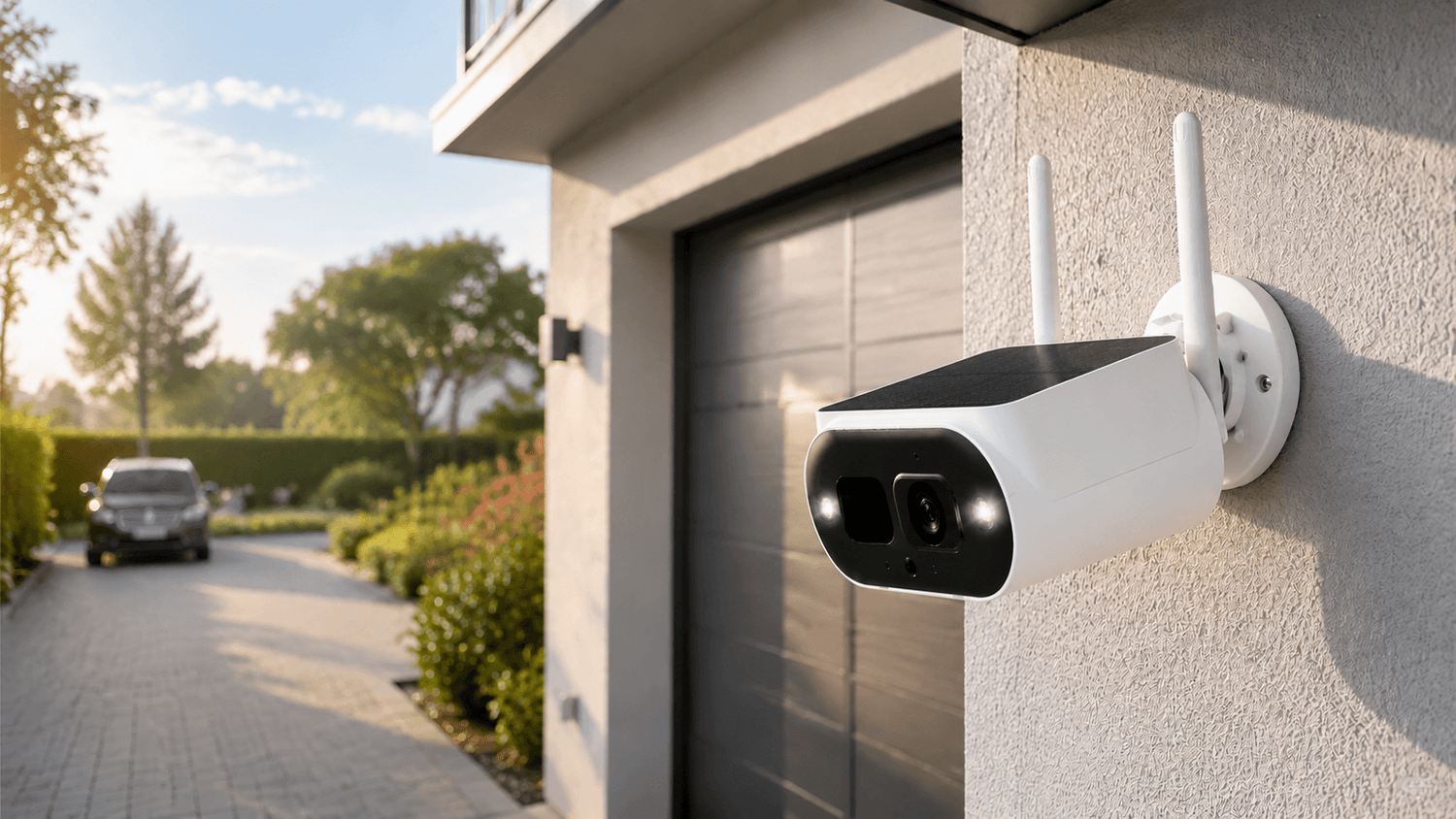 Camcamp solar security camera mounted outside a modern house with solar panel and driveway view