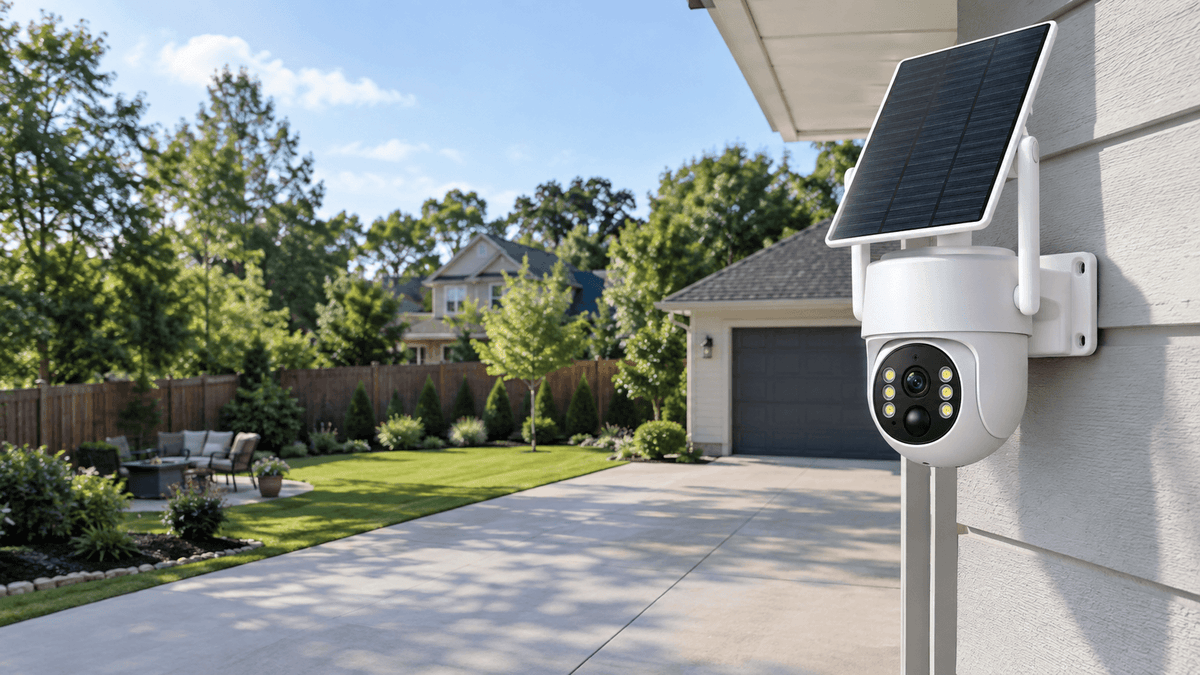 PTZ security camera monitoring a large outdoor property with pan tilt and zoom coverage
