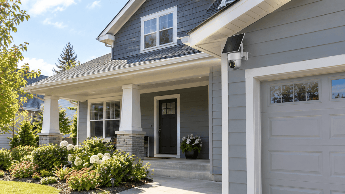 Camcamp SC43 solar-powered outdoor security camera installed on a suburban home exterior