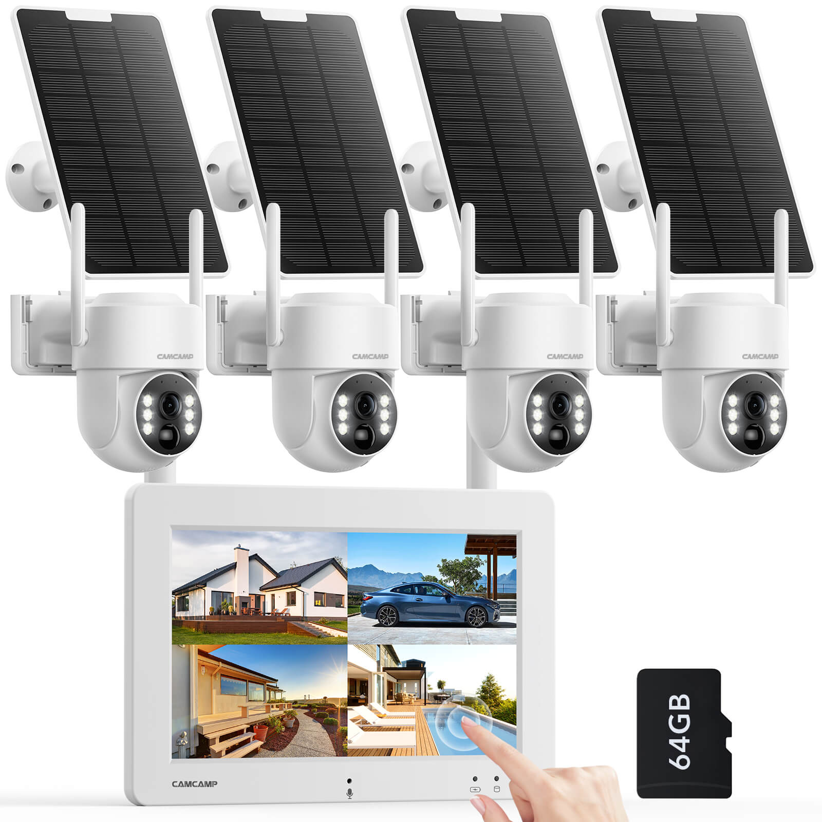 Camcamp SC44 2.5K Solar Wireless Home Security Camera System with 7 inch Touchscreen NVR Monitor