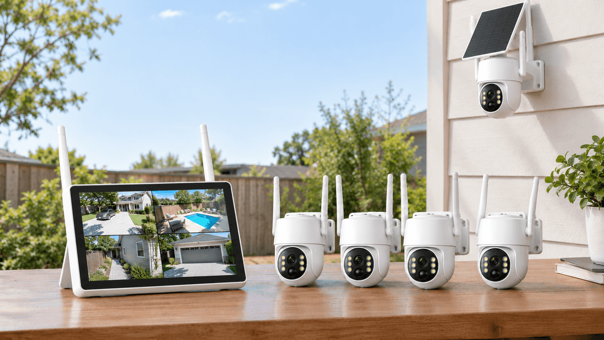 NVR security system with multiple cameras and monitor displaying live security footage