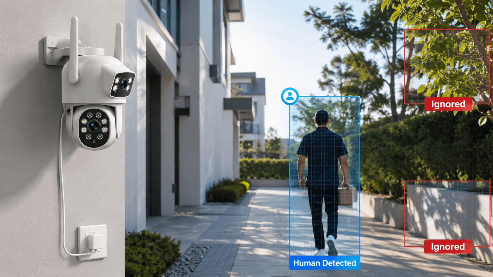 AI security camera using smart motion detection technology to identify people and reduce false alarms in a modern home.