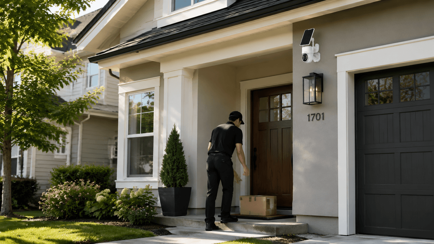 Outdoor security camera installed above the front door protecting a modern home entrance.