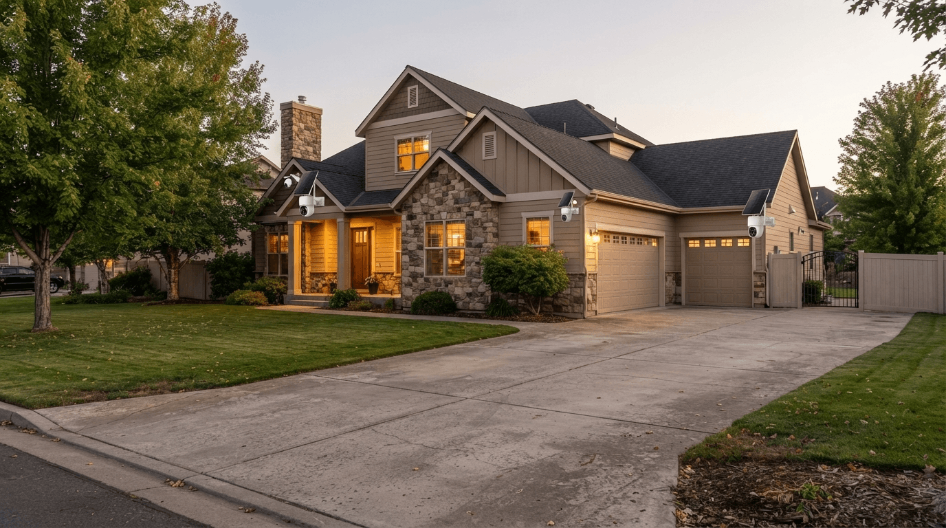 Best outdoor security cameras without monthly fees in 2026 installed around a suburban home