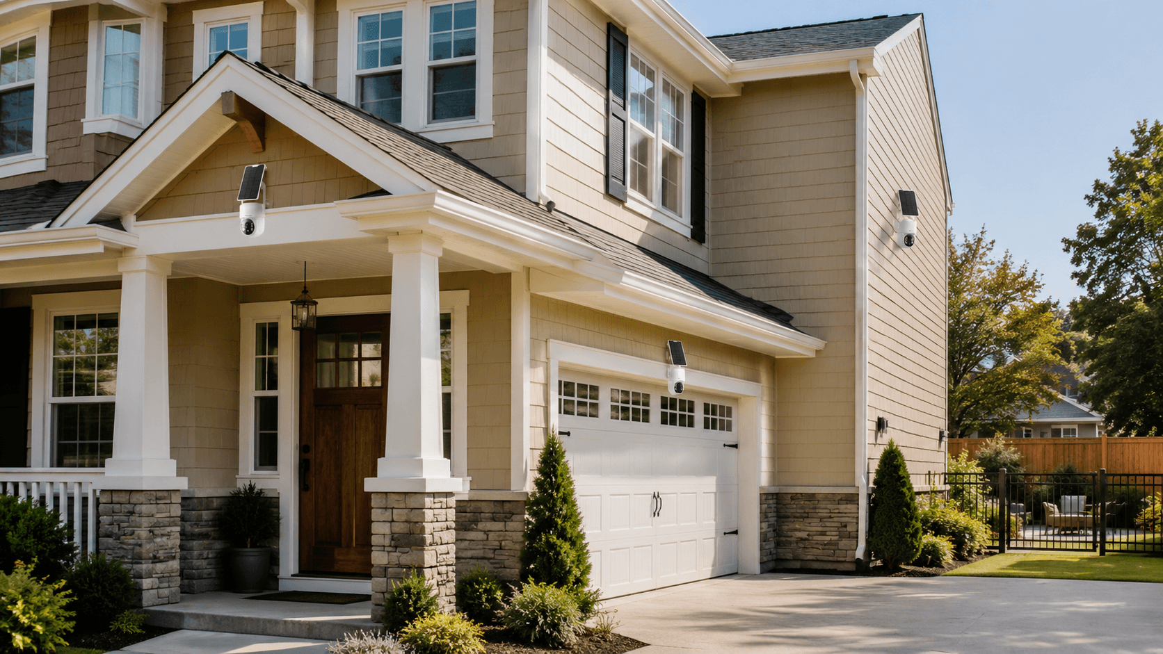 Wireless home security camera system protecting a modern suburban house