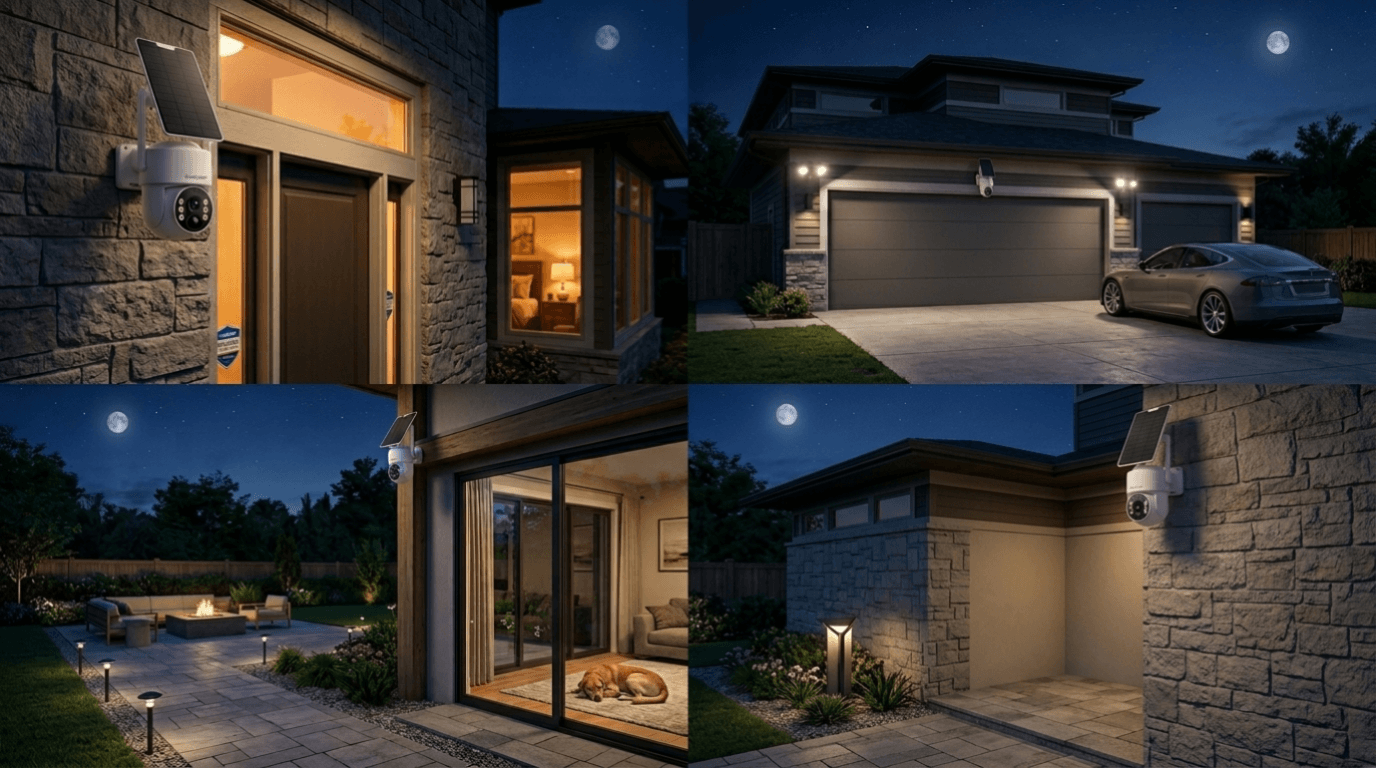 Outdoor security camera installed above a modern home's front entrance