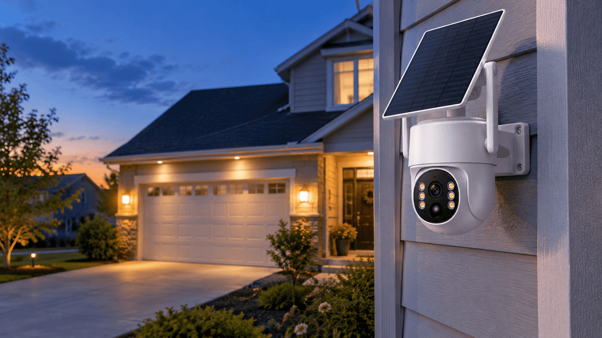 Outdoor security camera mounted on a house overlooking a driveway at dusk