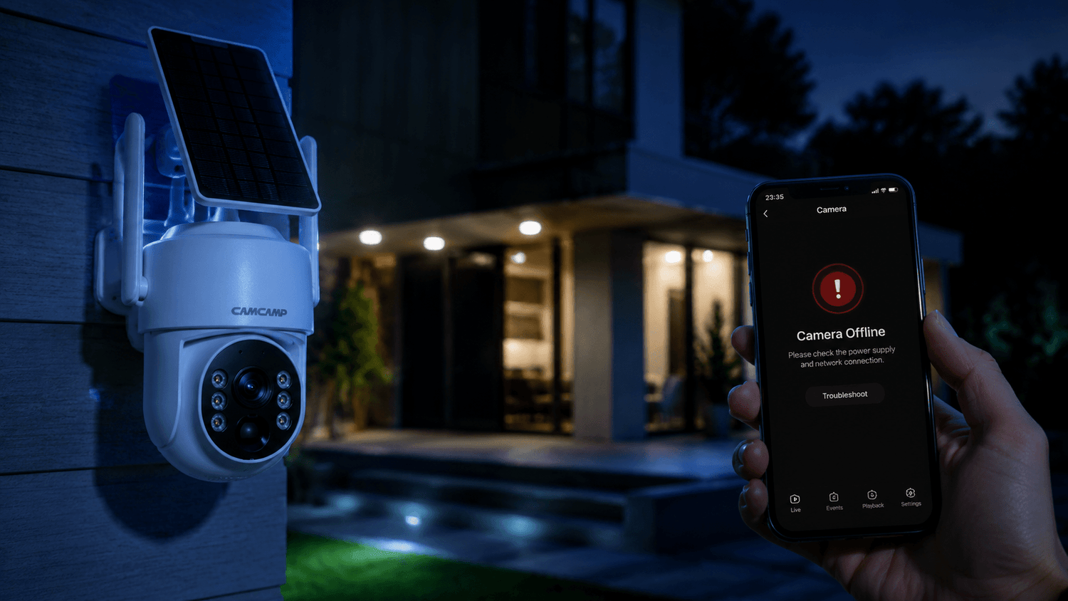 Wireless outdoor security camera showing offline connection warning on smartphone app