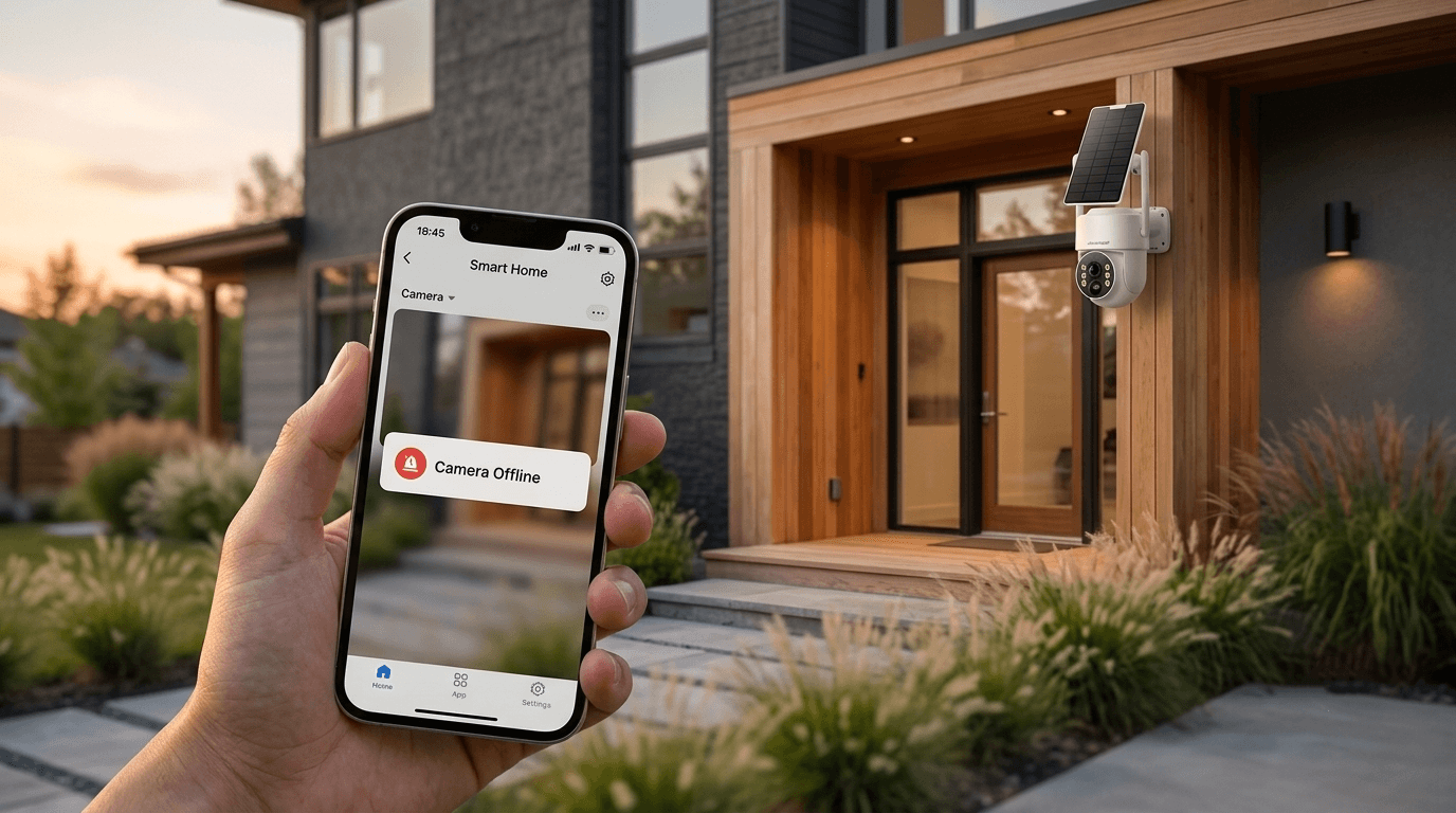 Smartphone showing offline security camera alert with modern house in background and Camcamp security camera installed outdoors