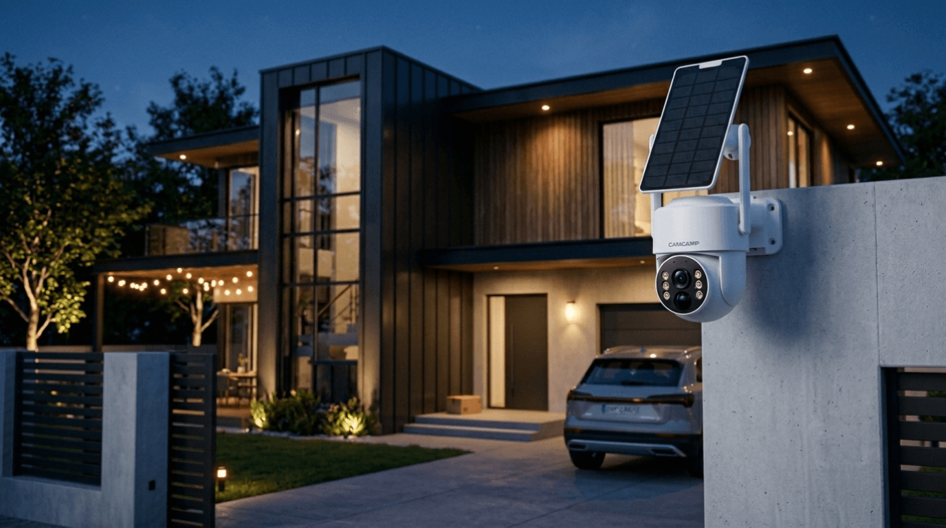 Camcamp smart home security camera system protecting a modern house at night