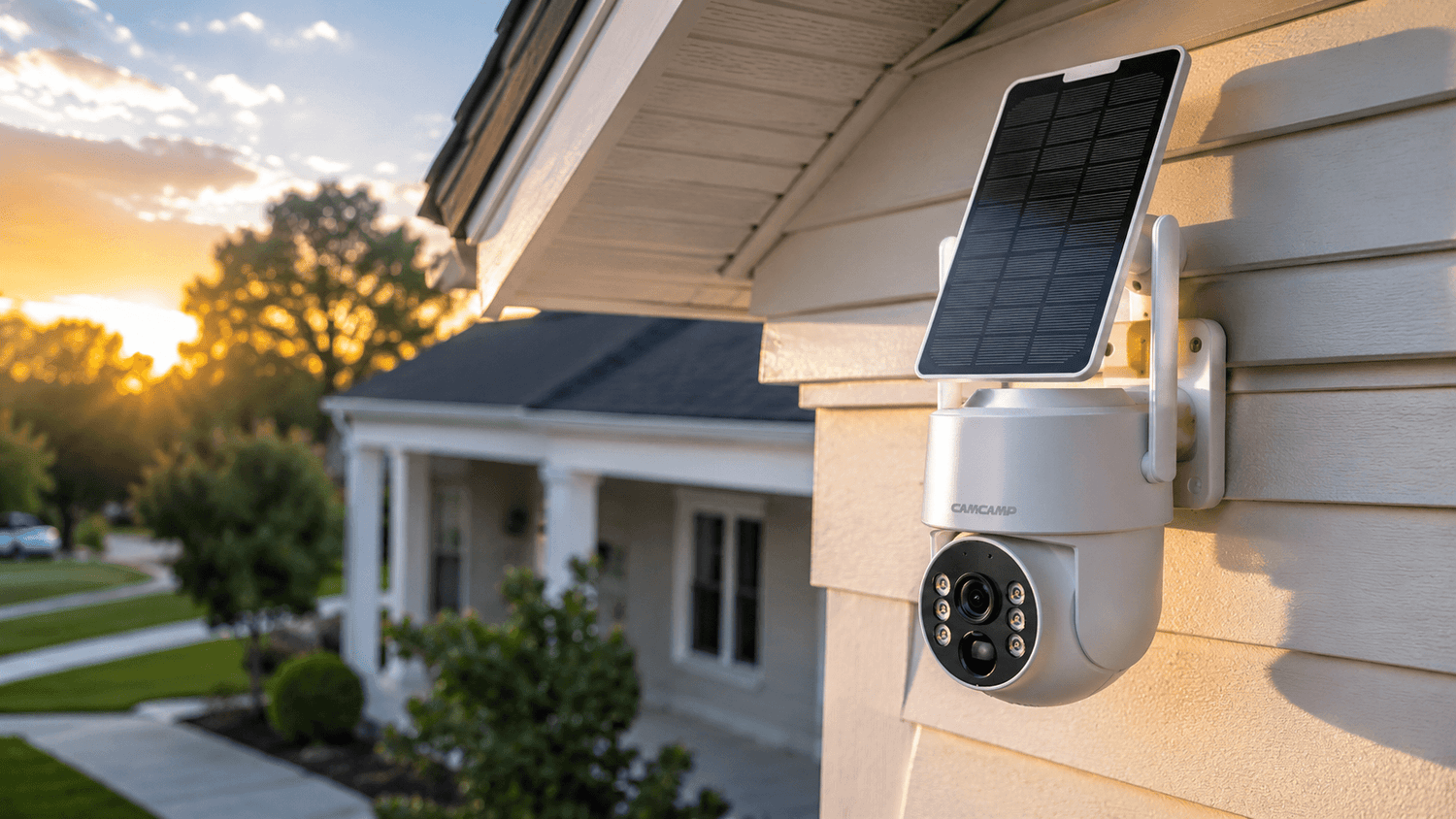 Camcamp solar security camera protecting a modern home during sunset