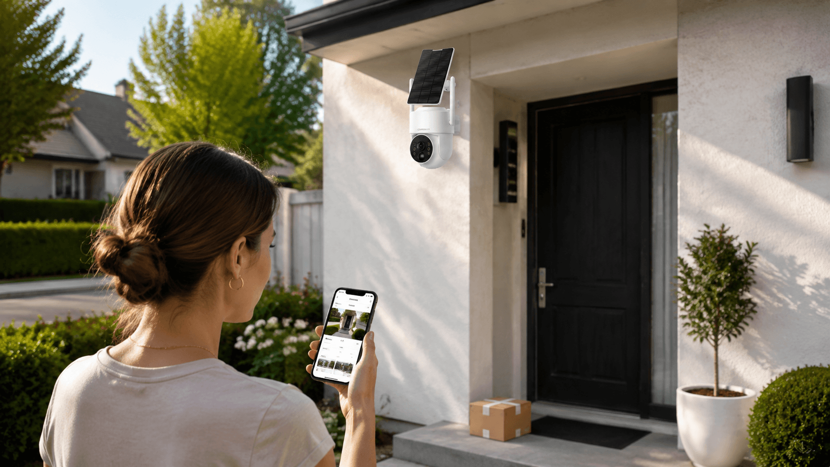 Modern outdoor home security camera installed above a house entrance with smartphone monitoring