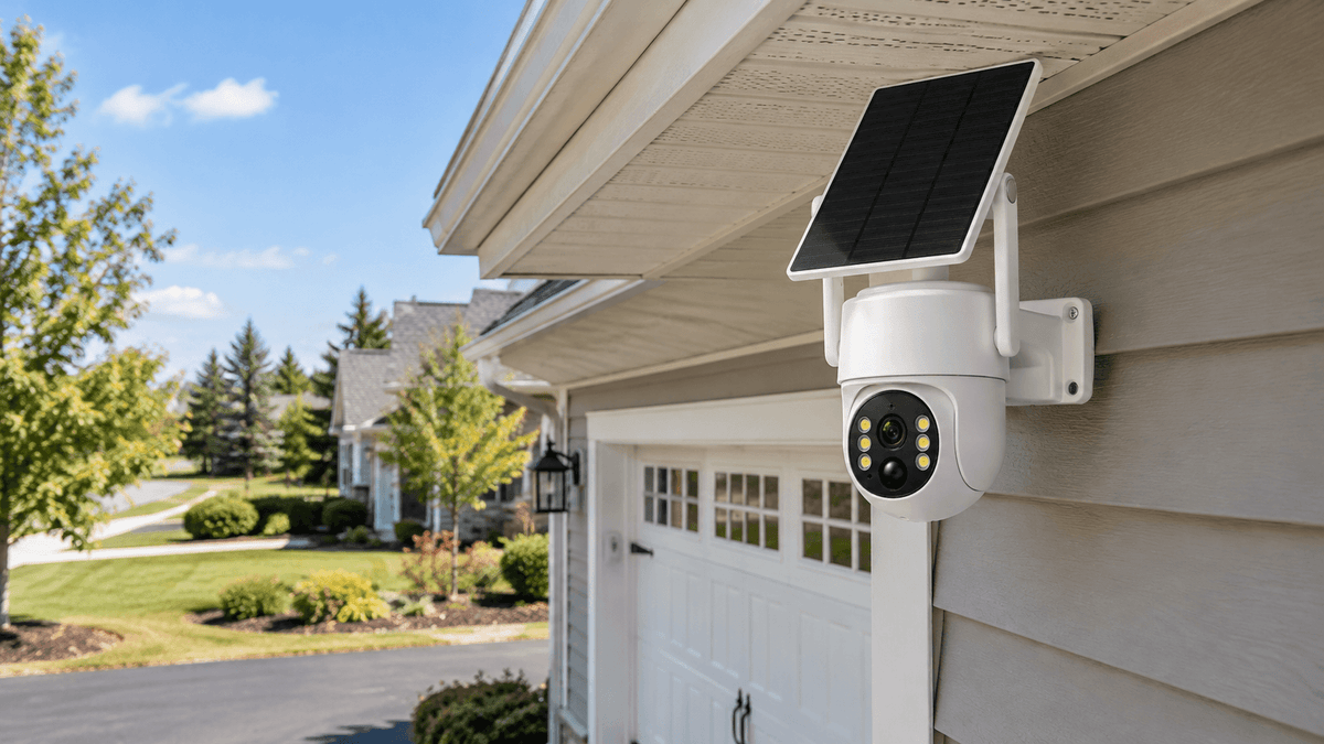 Outdoor home security camera mounted on a house to monitor the property