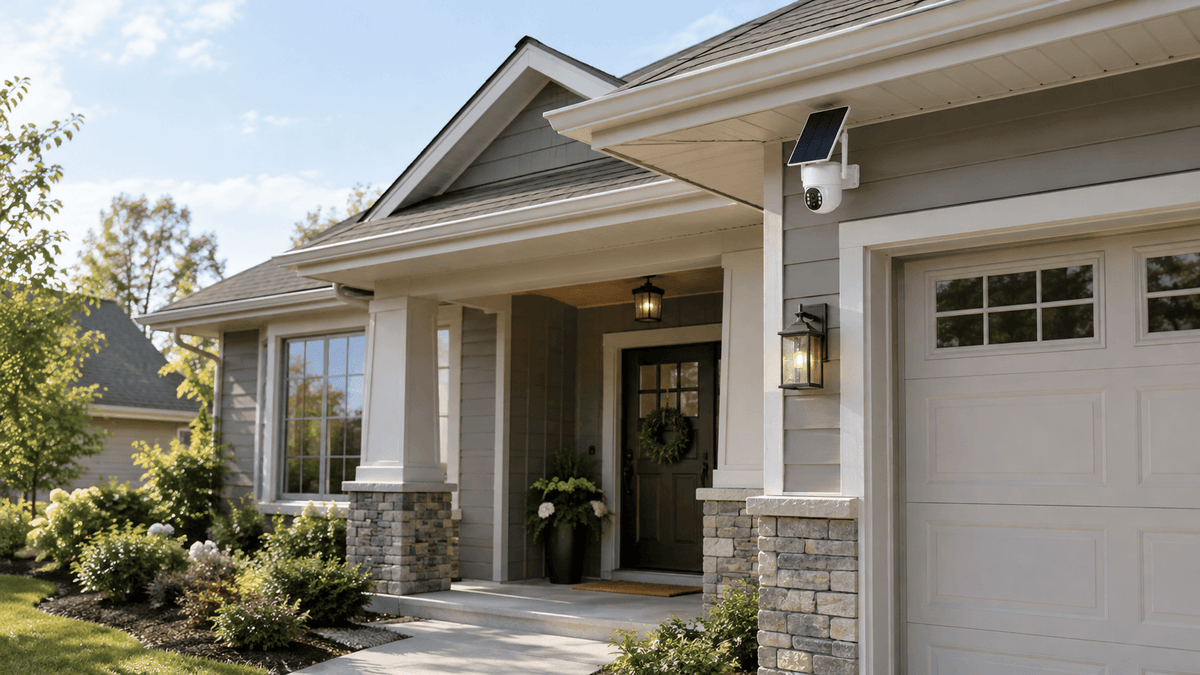 Outdoor security camera monitoring a residential property for home security footage recording.