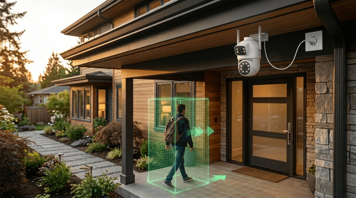 Modern outdoor security camera detecting motion at a residential entrance