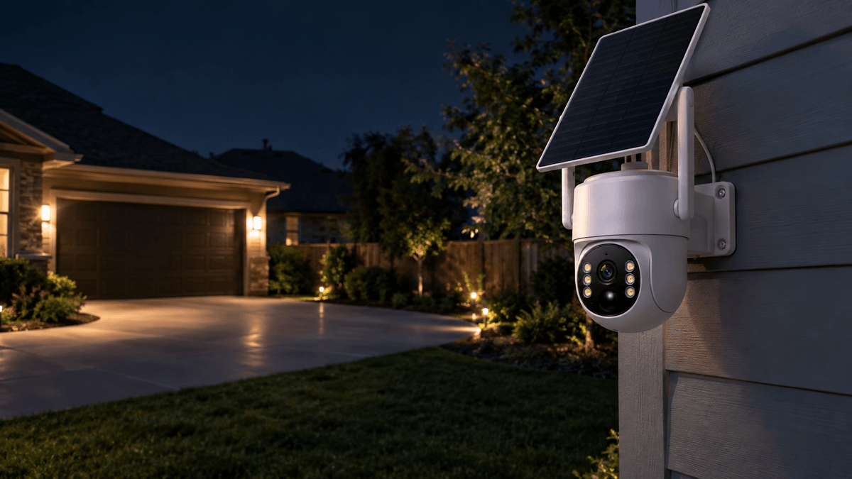 Security camera night vision monitoring a residential property at night