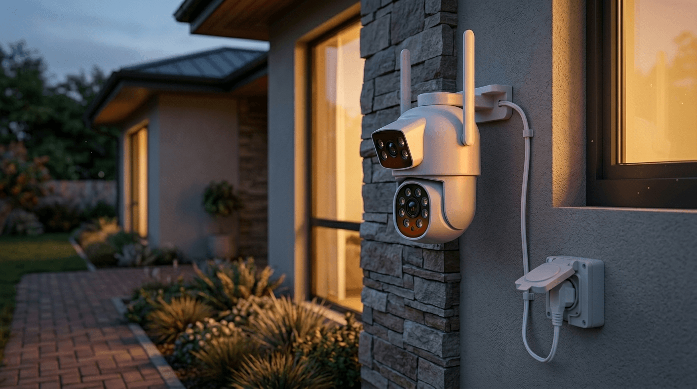 Modern security camera installed outside house operating without WiFi connection
