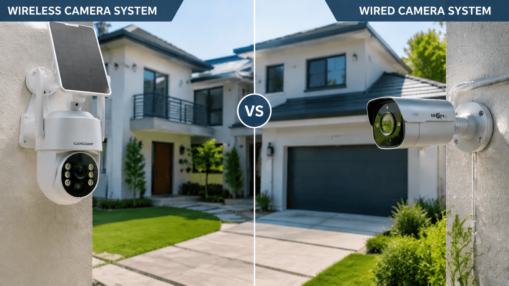 Wireless and wired security cameras installed around a modern home for security monitoring