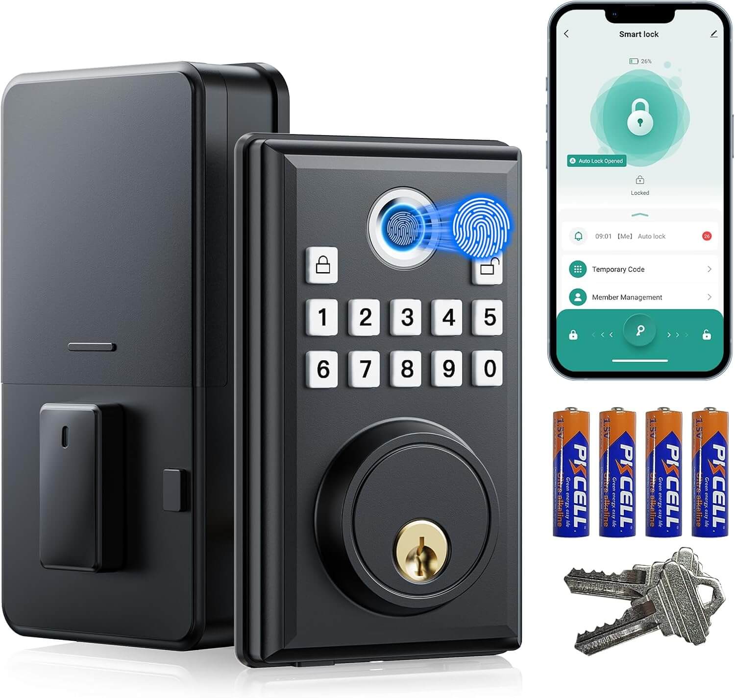 Camcamp Smart Door Lock, Fingerprint Keyless Entry Door Lock with Keypad（Built-in 4 AA batteries）