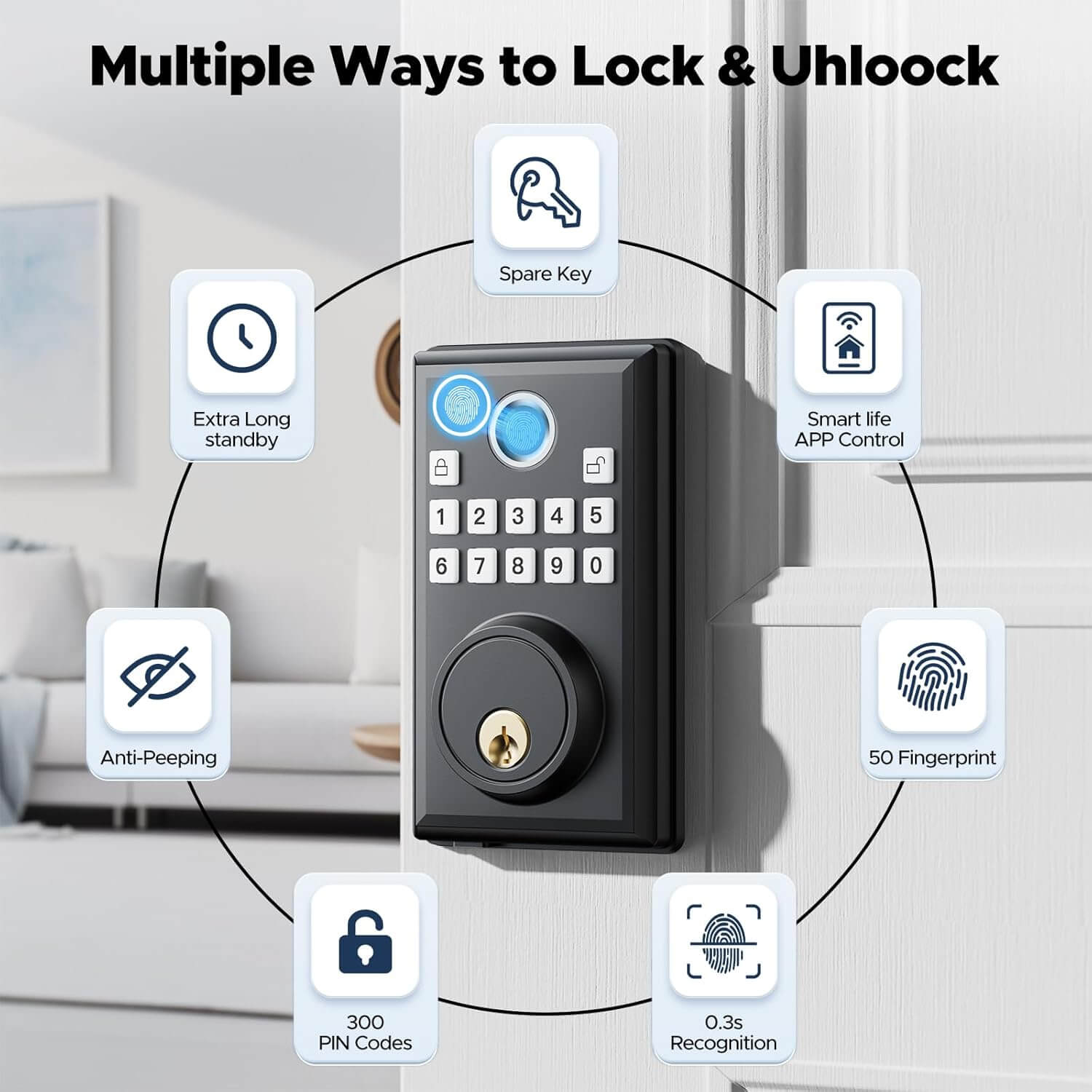 Camcamp Smart Door Lock, Fingerprint Keyless Entry Door Lock with Keypad（Built-in 4 AA batteries）