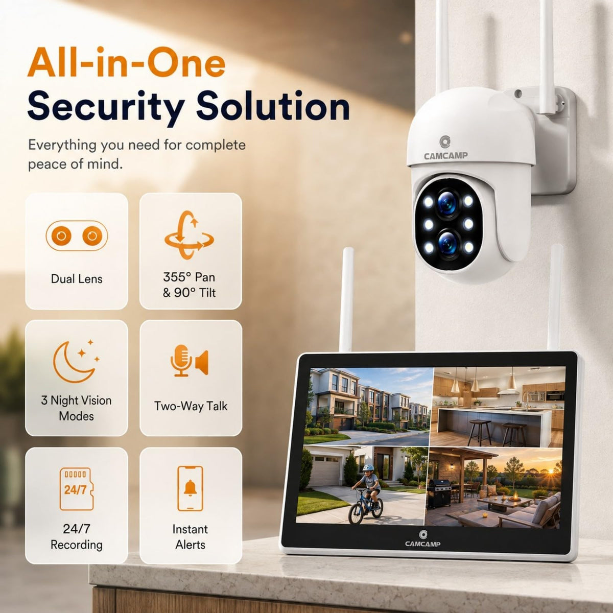 CAMCAMP SC37 Wireless Security Camera System with 10.1" Monitor & Dual Lens PTZ