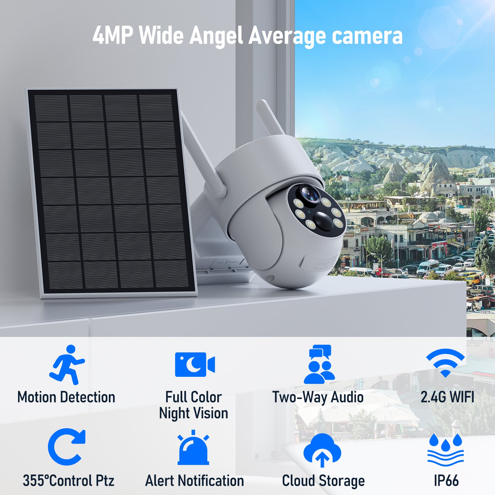 4MP Solar Security Camera with Color Night Vision, Motion Detection, Two-way Communication and 64GB SD Card